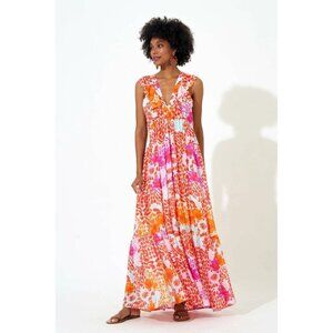 NWT Oliphant Silk Ruffle Maxi Dress XS Orange Pink Coastal Barbiecore Tropical